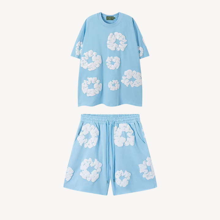 Comfortable unisex floral print tee and shorts set. Stylish matching outfit for street style.