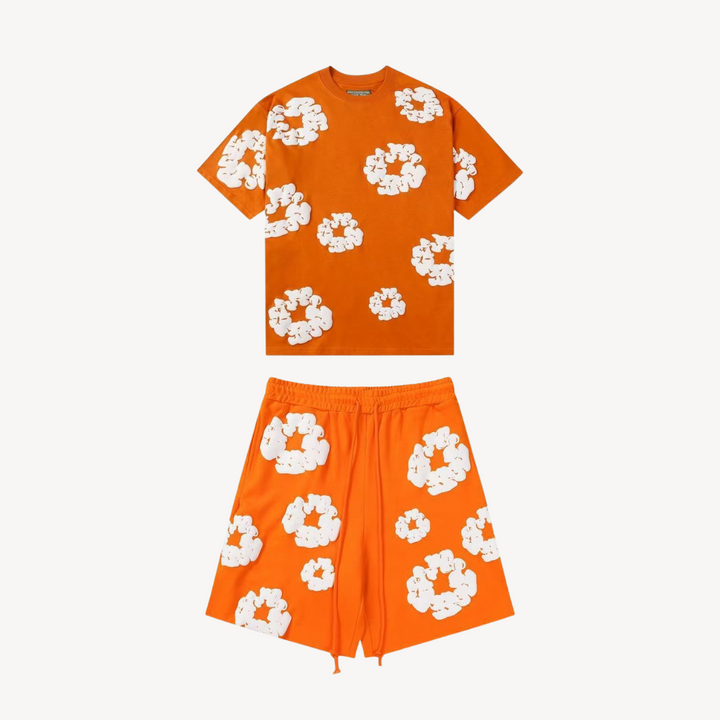 Casual comfort floral tee & shorts matching set. Unisex vibrant print for summer lounge wear.