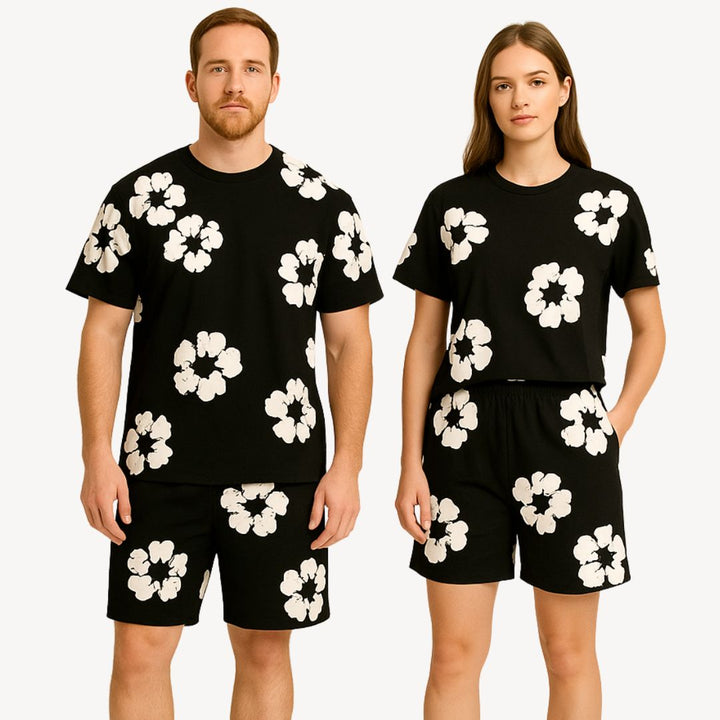Unisex floral tee & casual shorts. A comfortable matching outfit with a vibrant summer print.