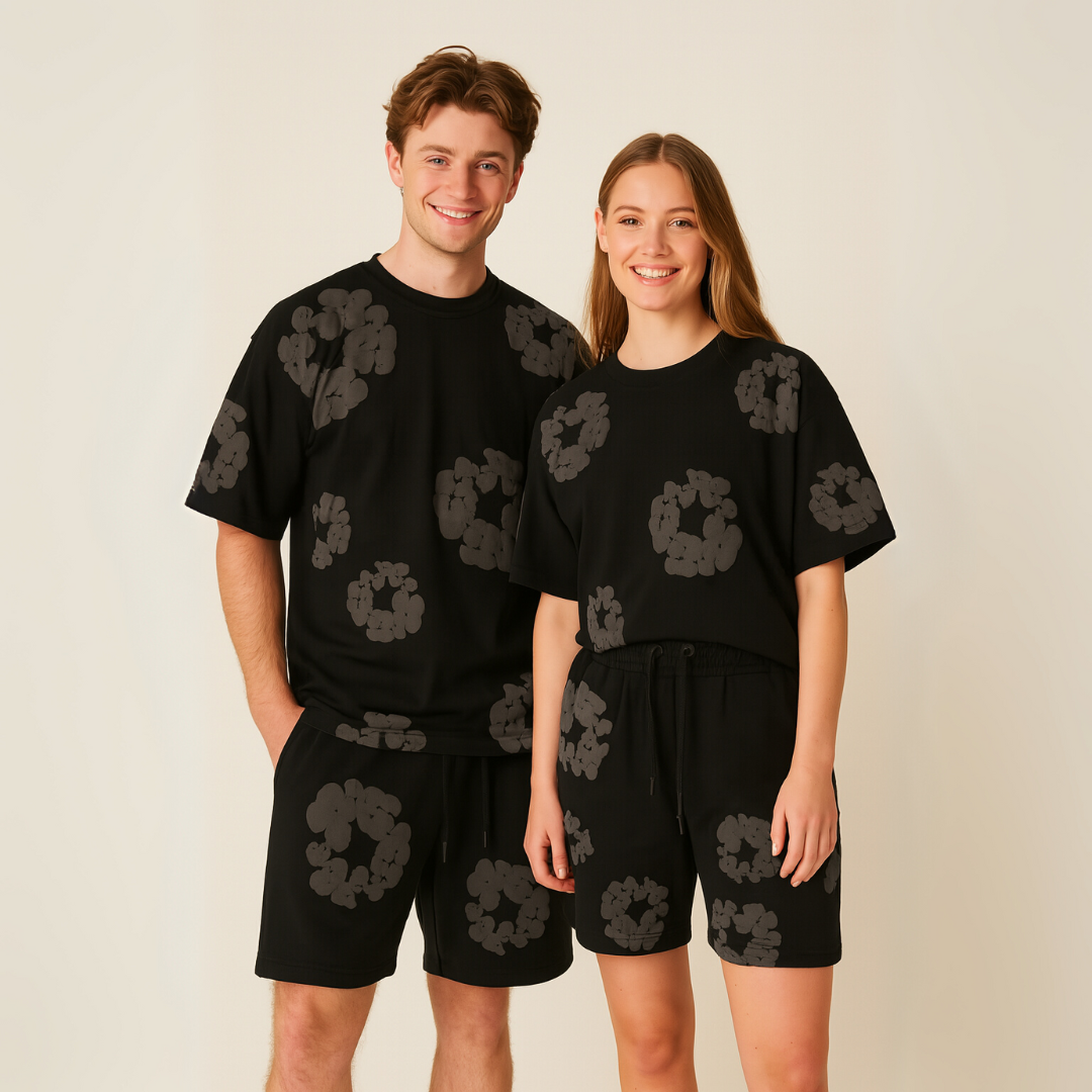 Women's comfortable floral print tee and shorts set. Stylish unisex matching outfit for summer.