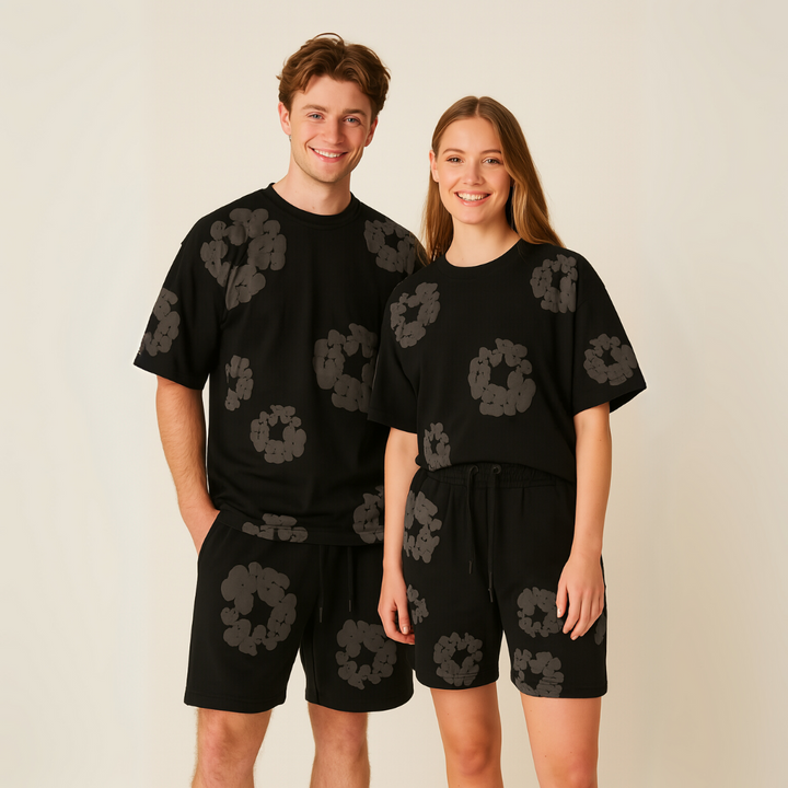 Women's comfortable floral print tee and shorts set. Stylish unisex matching outfit for summer.