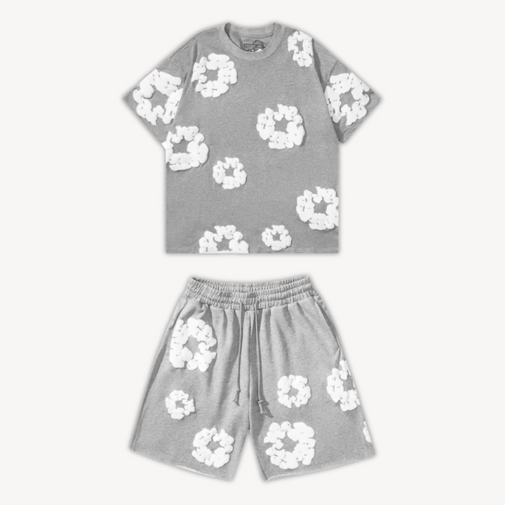 Lounge wear floral tee & shorts set. A vibrant unisex matching outfit for casual summer comfort.