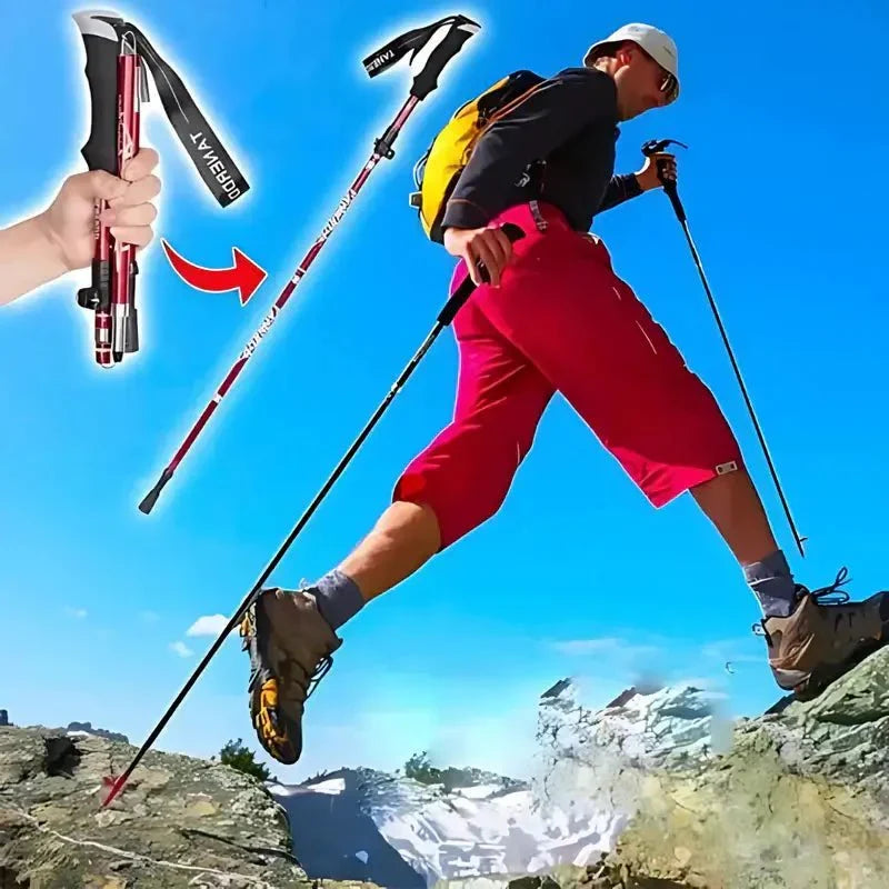Folded aluminum trekking pole, compact and lightweight for easy portability on hikes.