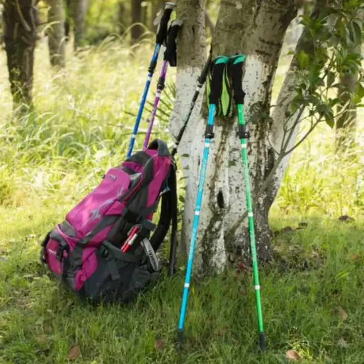 Fully extended aluminum hiking pole, adjustable for comfortable support on various terrains.