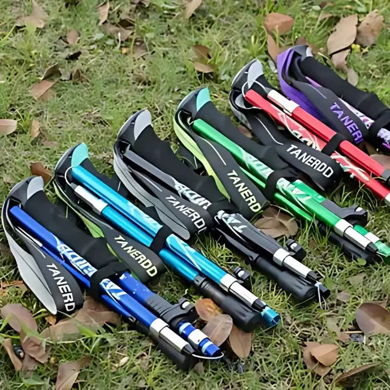 Ergonomic cork handle on a durable aluminum trekking pole, comfortable grip for long hikes.