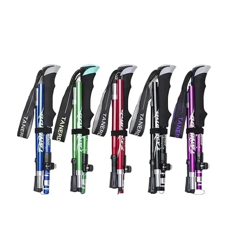 Pair of unisex foldable aluminum trekking poles, lightweight outdoor gear for hiking & walking.