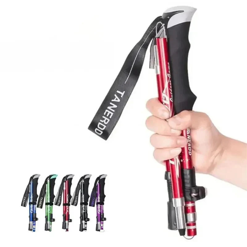 Sturdy aluminum trekking pole, foldable design, offering reliable support for all hiking levels.