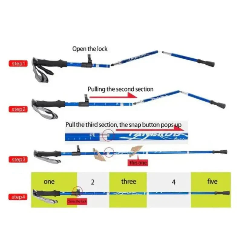 Compact foldable aluminum trekking pole fitting into a carry bag for easy storage & travel.