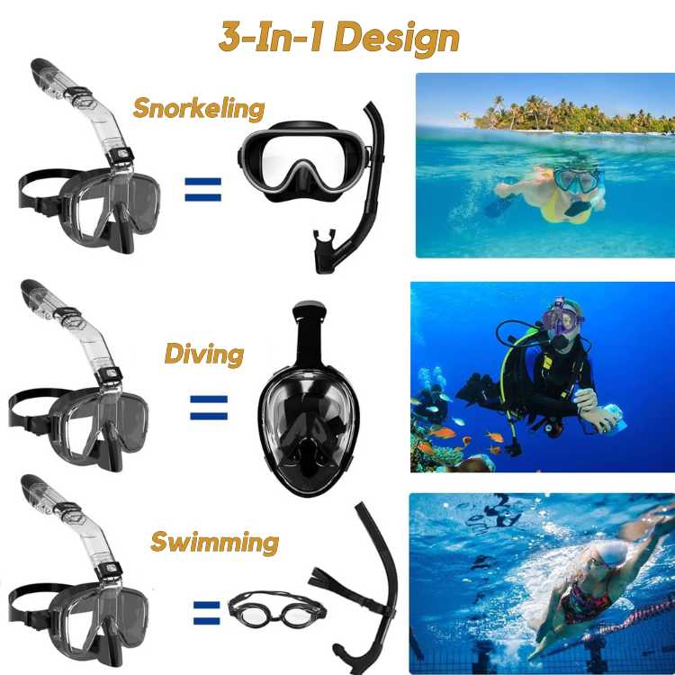 180° panoramic view full face snorkel mask for clear underwater exploration.