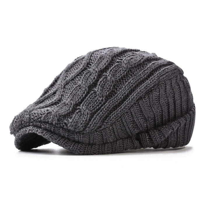 Unisex grey cable knit flat cap, a classic style winter hat for everyday casual wear and warmth.