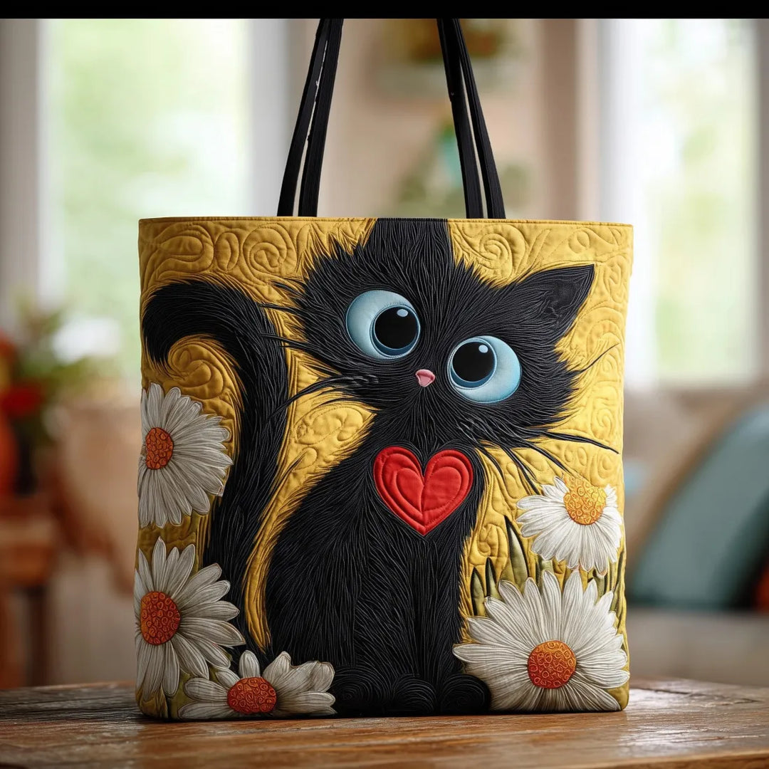 Unisex handcrafted black cat tote bag with charming heart & daisy design. Stylish, unique gift & everyday carry.