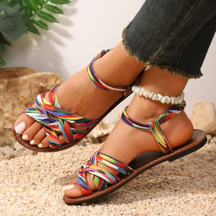 Top view of comfortable unisex summer sandals, designed for easy slip-on style & vacation footwear.