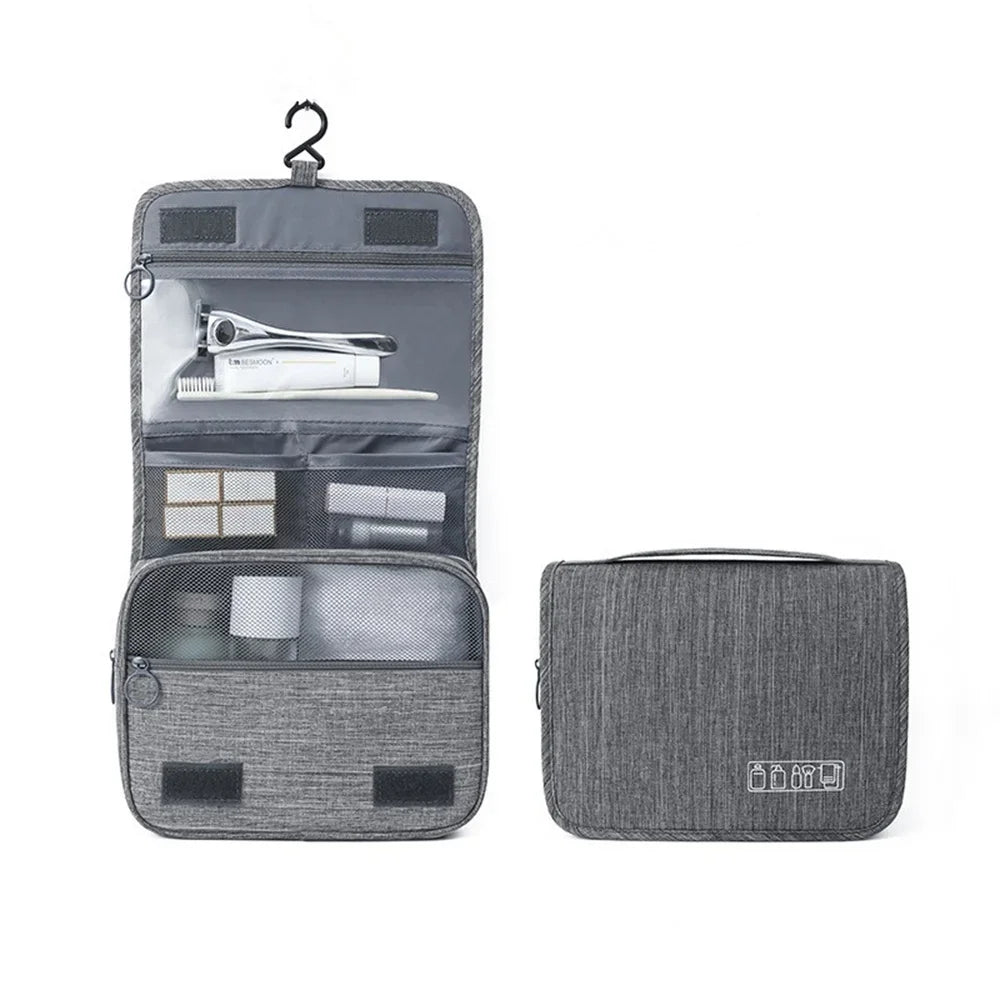 Water-resistant travel organizer bag with multiple compartments for cosmetics and toiletries.