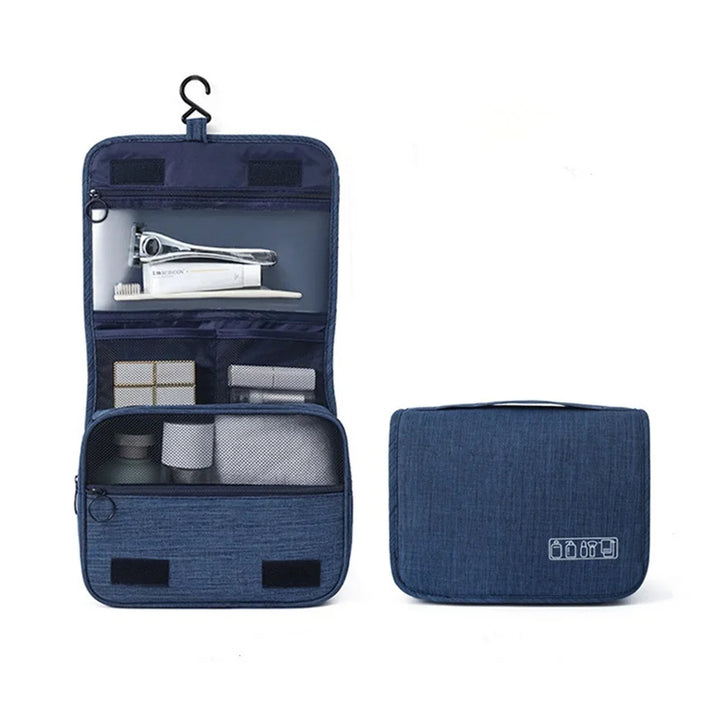 Compact hanging cosmetic bag, perfect for men and women's travel grooming kits.