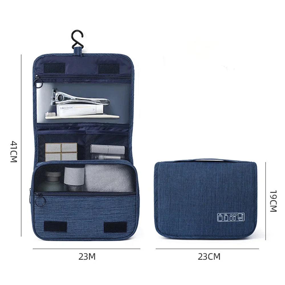 Versatile unisex toiletry bag designed for easy hanging and access during travel.