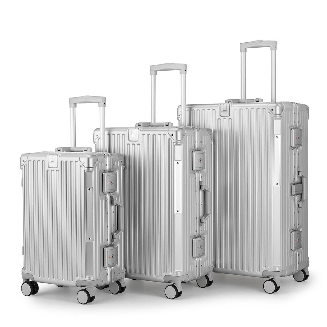 Modern unisex hard shell spinner travel luggage set, designed for durability and convenient global journeys.