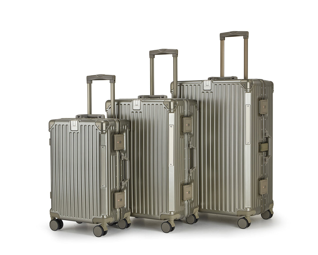 Three-piece unisex hard shell spinner luggage set, providing ample space and durability for all travel needs.