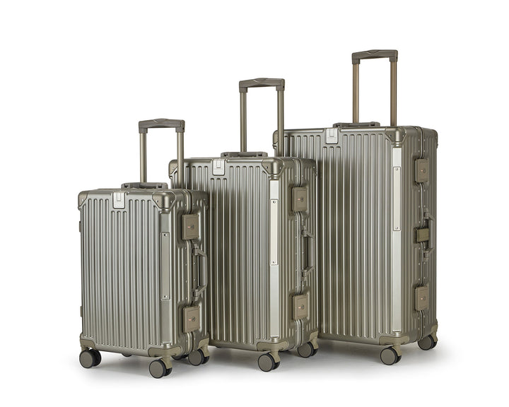 Three-piece unisex hard shell spinner luggage set, providing ample space and durability for all travel needs.