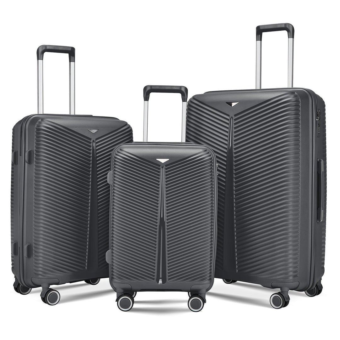 Grey hardshell luggage set for modern, stylish travel. Durable, spinner, airport friendly vacation gear.
