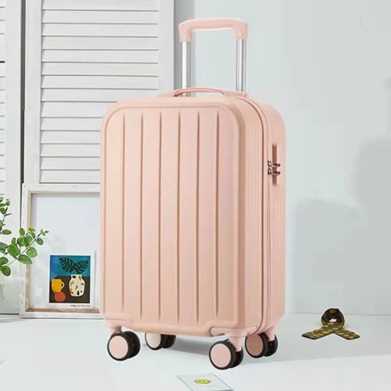 Rolling luggage set including carry-on & checked bags, hardshell & expandable, suitable for any trip.