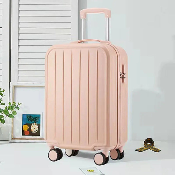 Rolling luggage set including carry-on & checked bags, hardshell & expandable, suitable for any trip.
