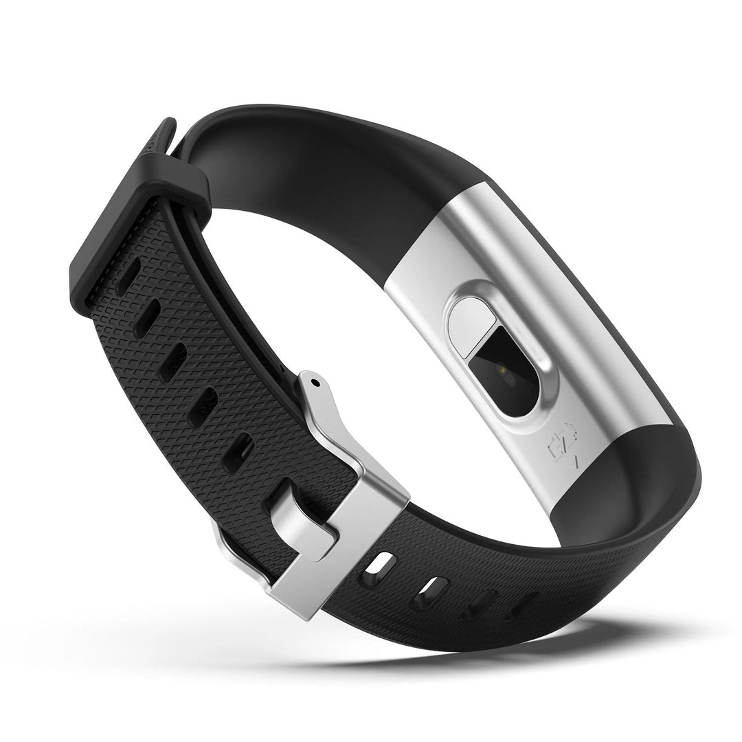 Front view of a smart fitness watch. Unisex design, monitors heart rate & blood pressure.