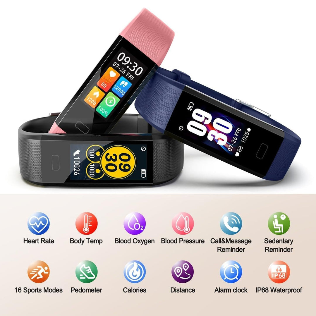 Black smartwatch displaying heart rate. Unisex fitness tracker for daily health monitoring.