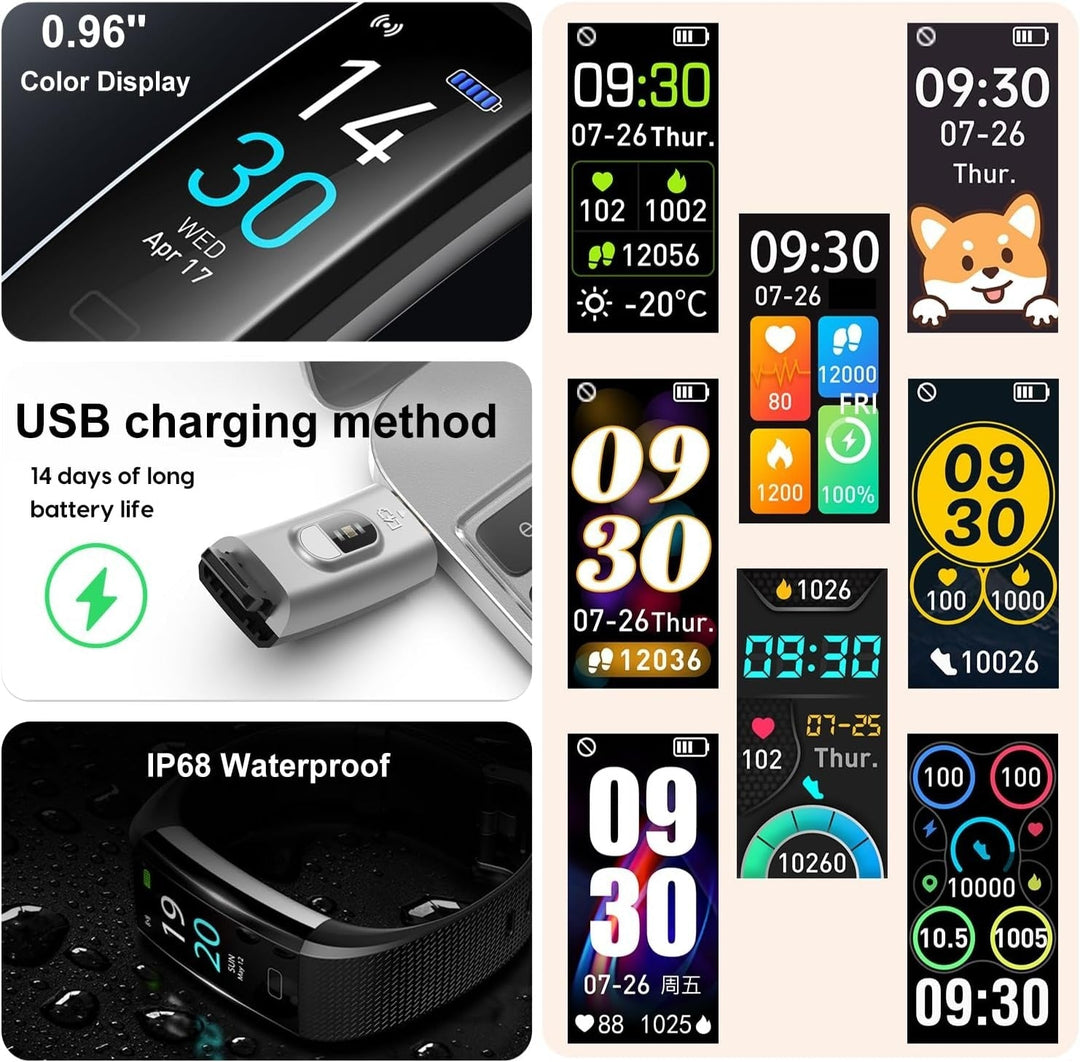 Sleek black unisex smartwatch worn on a wrist. Heart rate & blood pressure monitor.