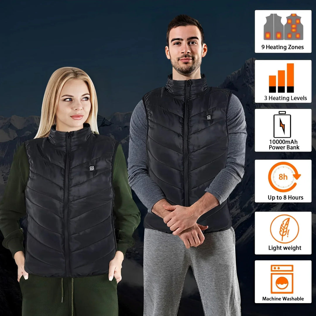 Versatile unisex heated vest, ideal for layering. Electric body warmer for winter warmth & outdoor adventures.