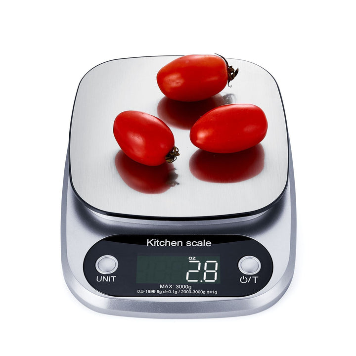 Sleek stainless steel digital kitchen scale, perfect for precise baking and cooking in any home kitchen.