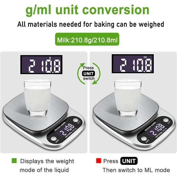 Modern stainless steel cooking scale with digital display. Guarantees accurate food measurements for recipes.
