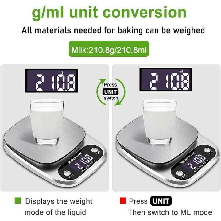 Modern stainless steel cooking scale with digital display. Guarantees accurate food measurements for recipes.