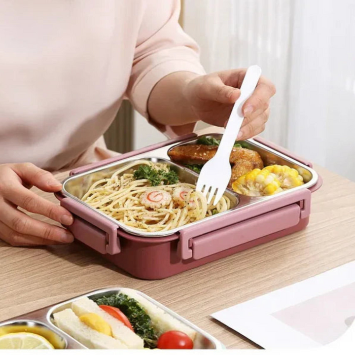 Reusable stainless steel lunch container, great for meal prep & enjoying warm food on the go.