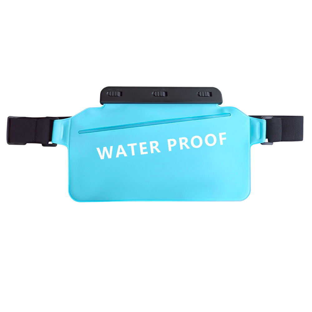 Black waterproof dry bag waist pack for outdoor activities. Perfect for travel, hiking, cycling, and water sports.