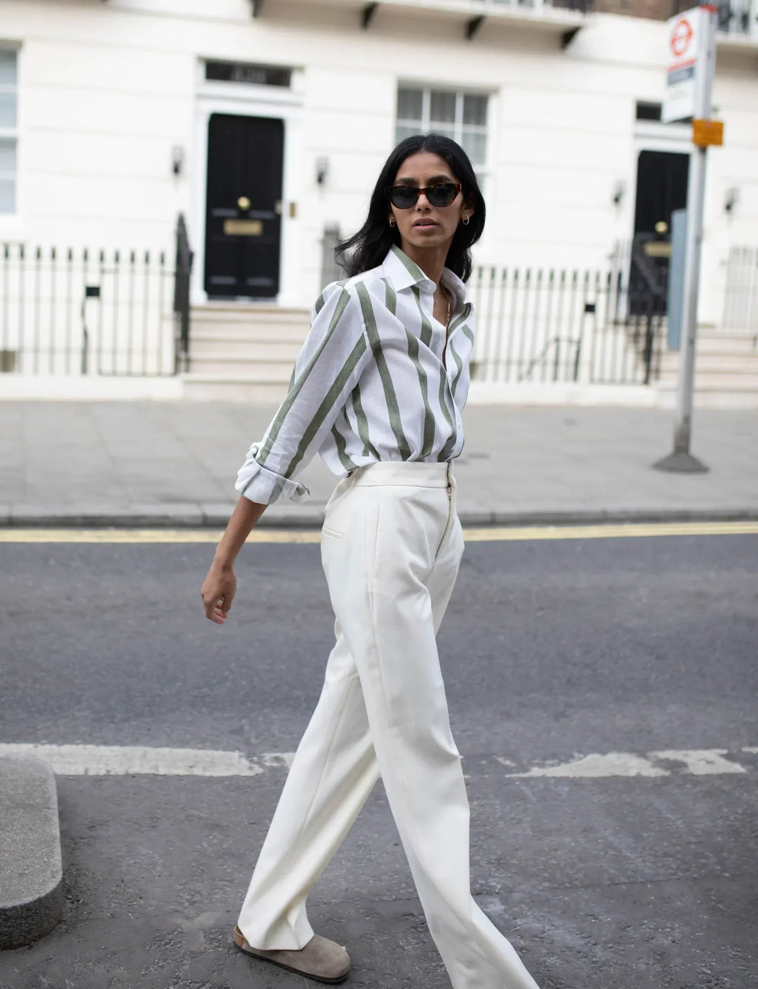 Unisex khaki striped relaxed fit button-up shirt, perfect for casual everyday wear.