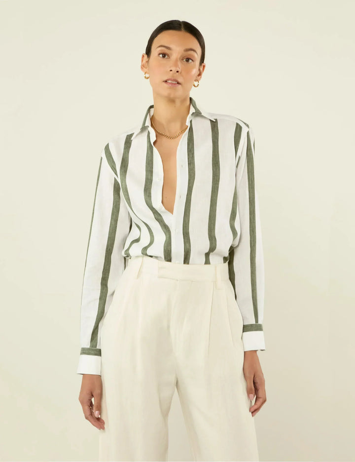 Stylish unisex khaki striped button-up shirt with a relaxed fit, great for versatile casual outfits.