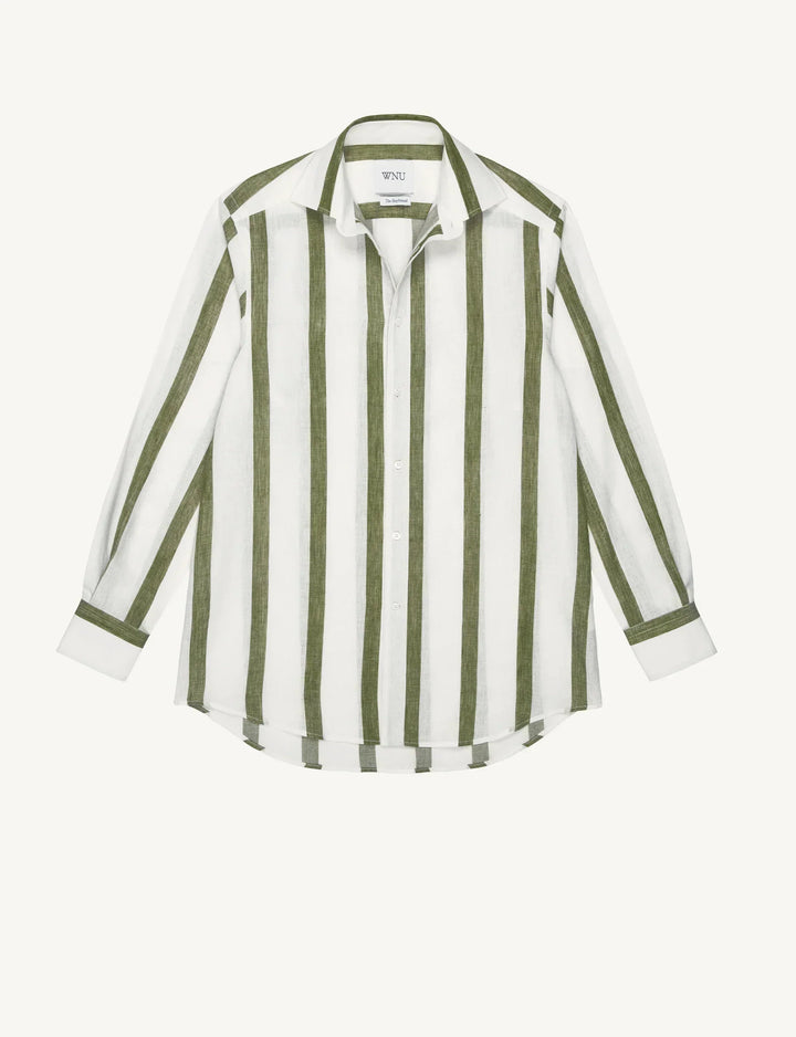 Comfortable unisex khaki striped relaxed shirt, an easy-care button-up ideal for daily wear.