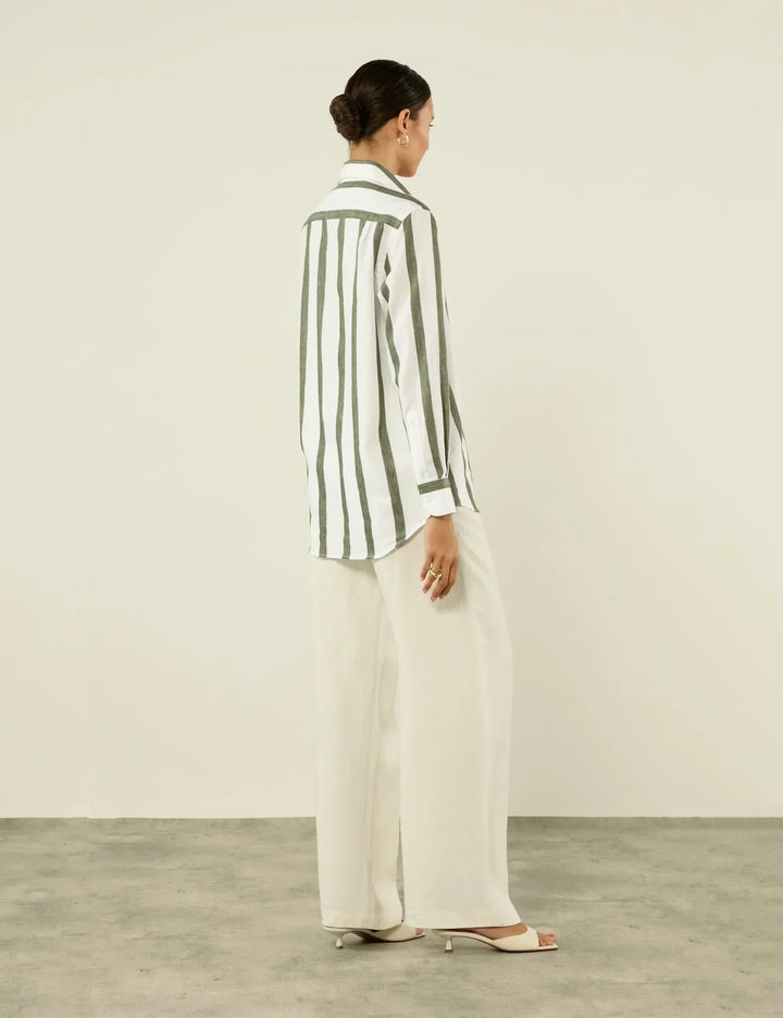 Khaki striped button-up shirt, unisex with a relaxed fit. Ideal for comfortable, casual everyday wear.