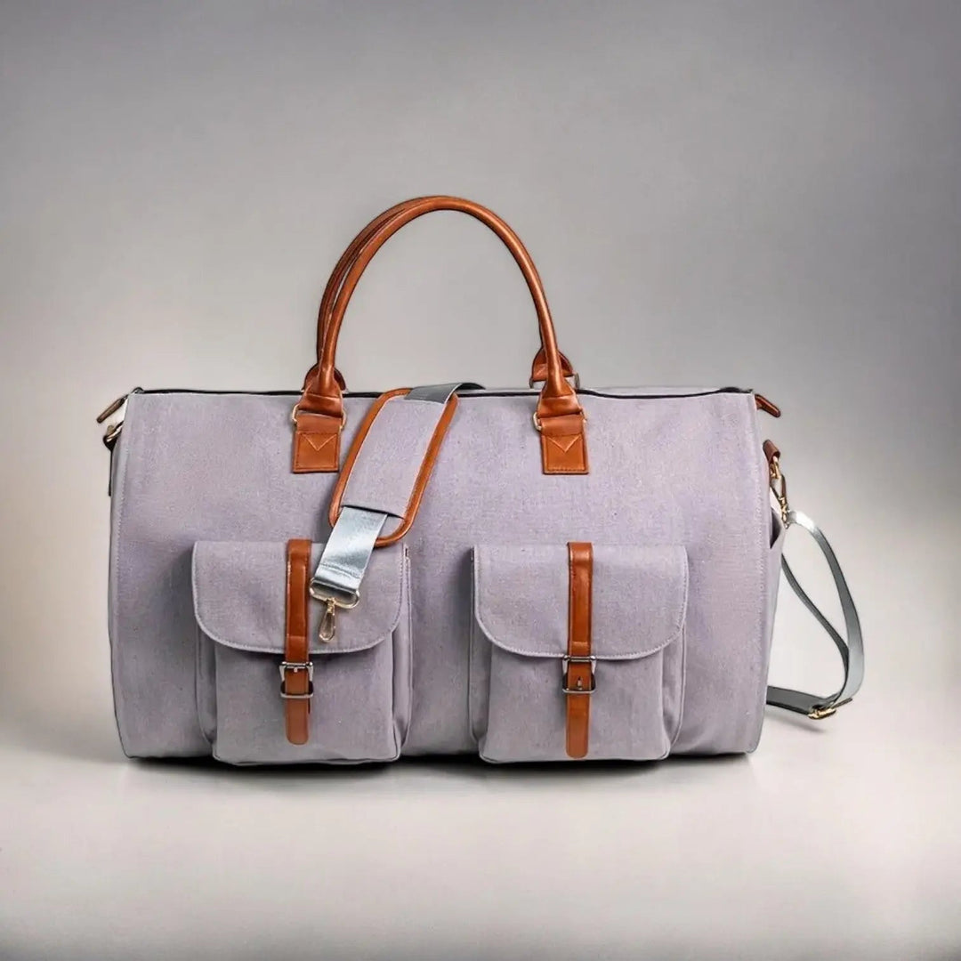 Organized convertible duffle bag, a unisex leather garment & carry-on for efficient travel.
