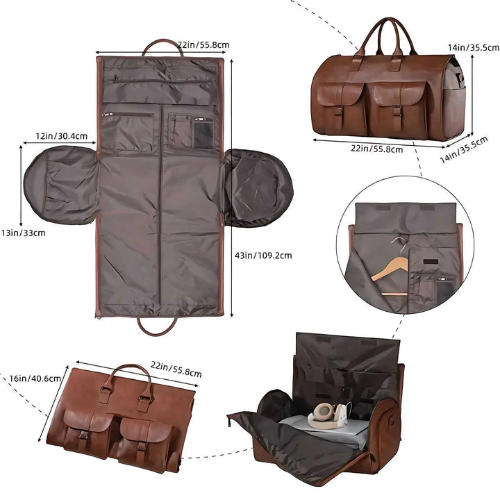 Premium leather duffle bag with garment section, perfect as a unisex carry-on travel accessory.
