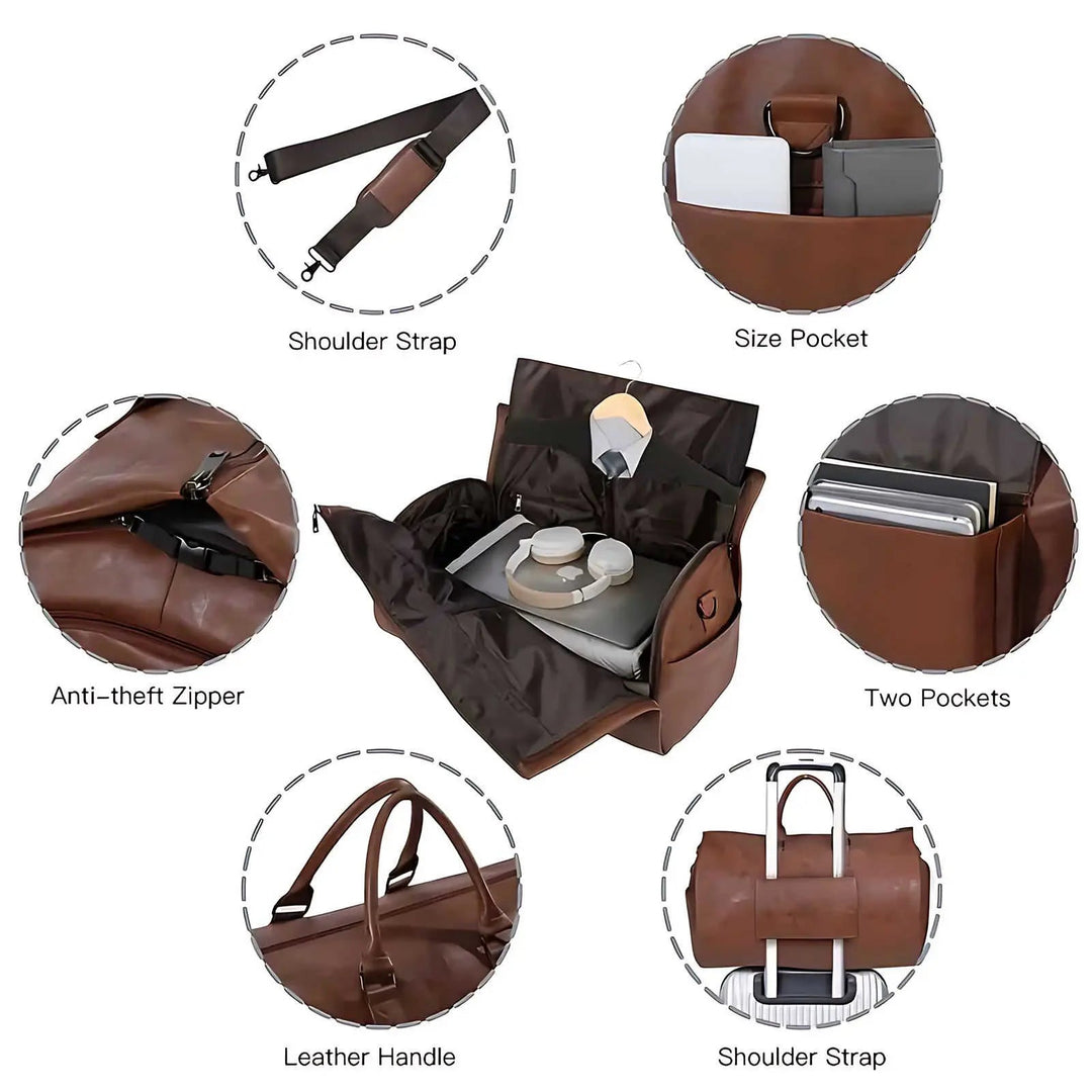 Unisex travel duffle bag, cleverly designed convertible garment & carry-on luggage for trips.