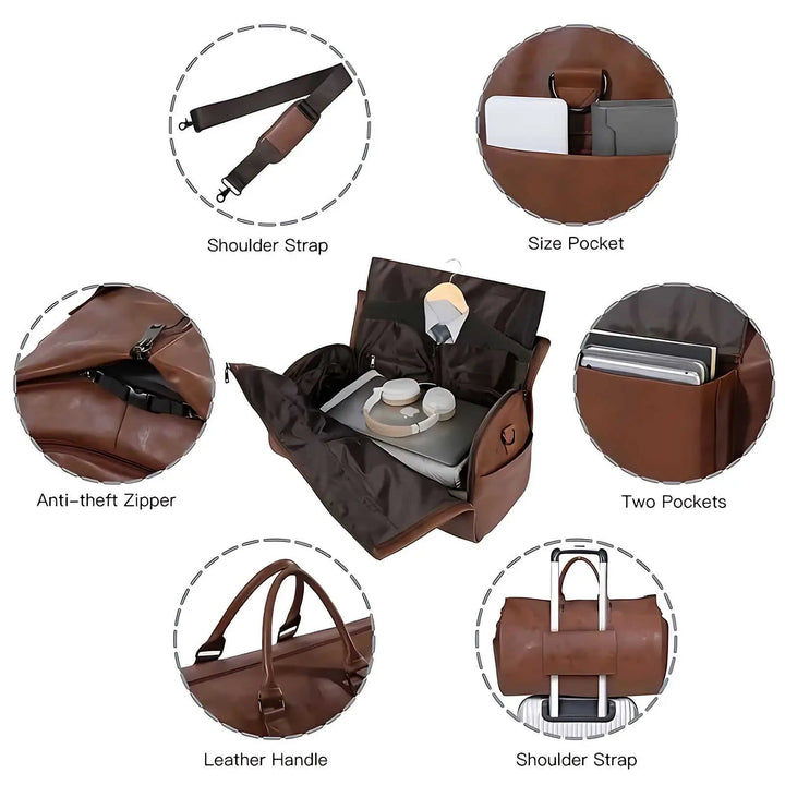 Unisex travel duffle bag, cleverly designed convertible garment & carry-on luggage for trips.