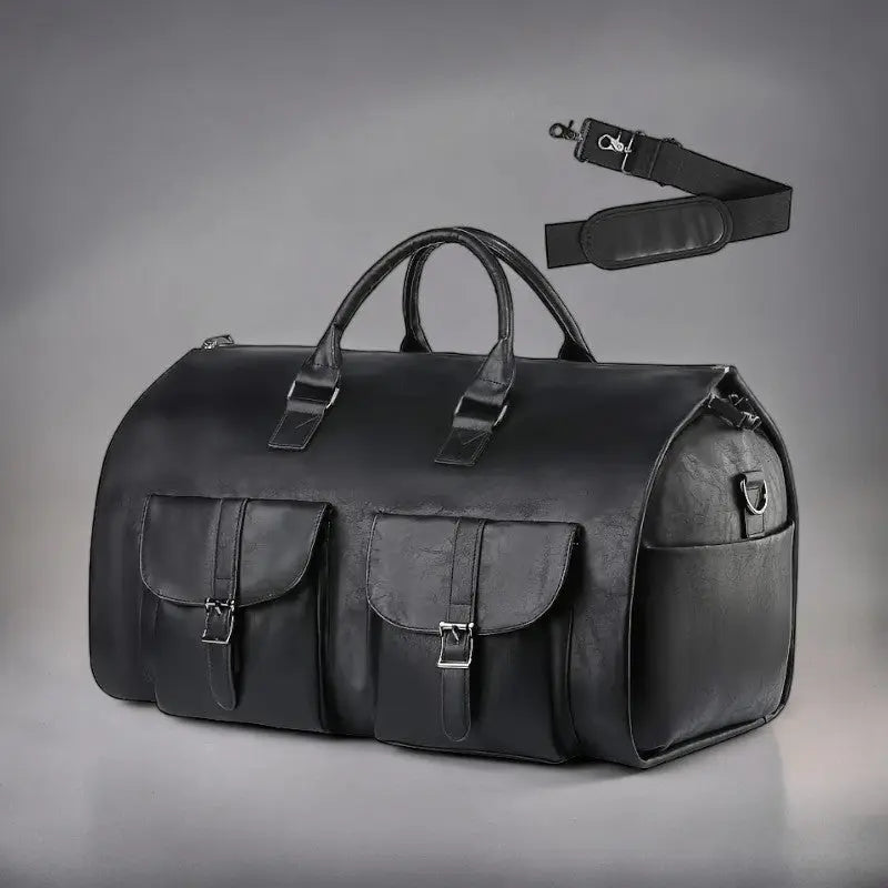 Spacious convertible weekender bag in unisex design, doubles as a garment & carry-on duffle.