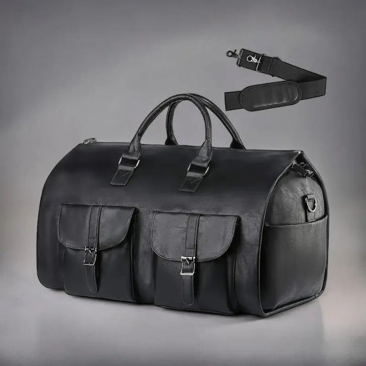 Spacious convertible weekender bag in unisex design, doubles as a garment & carry-on duffle.