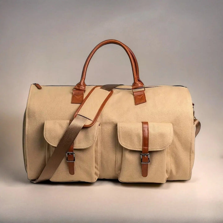 Versatile unisex duffle bag, converts to a garment bag, ideal carry-on for modern travelers.