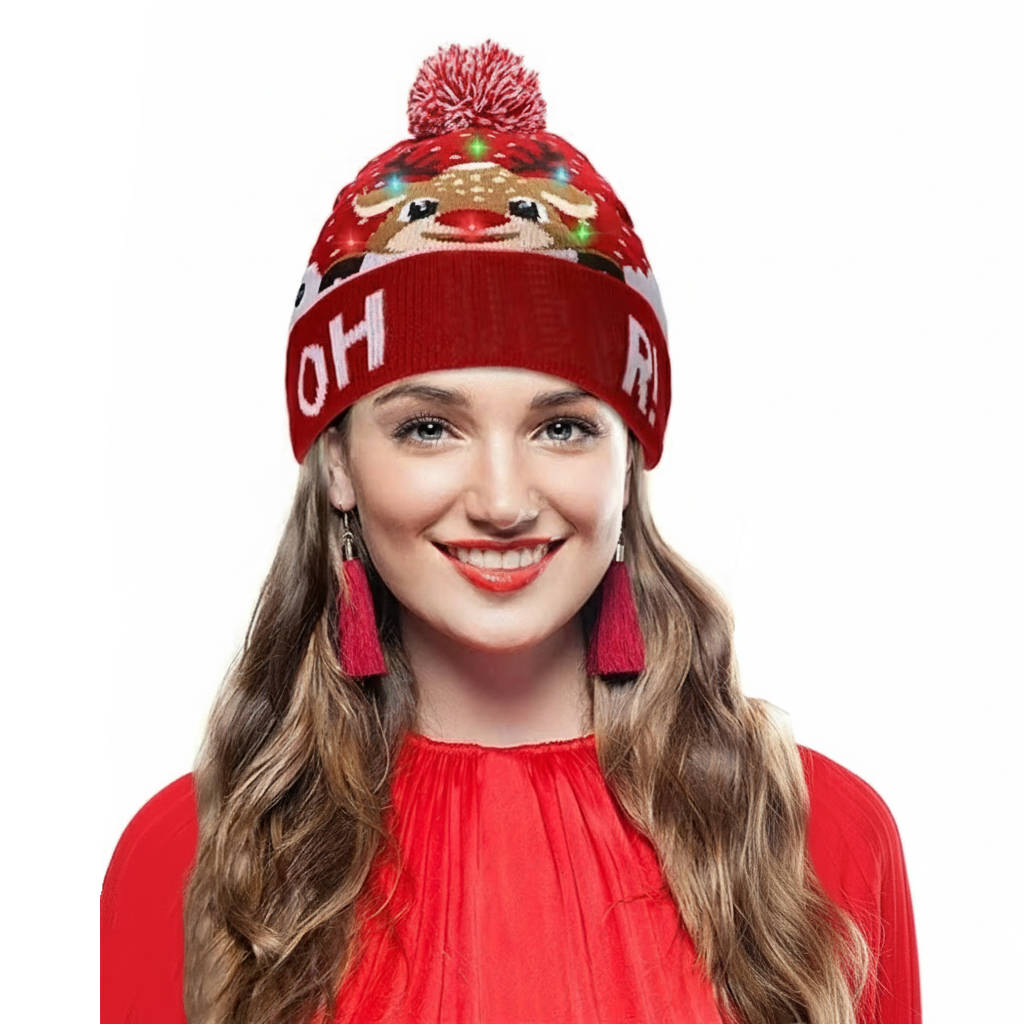 Unisex LED knit Christmas hat with festive lights, perfect holiday party accessory.
