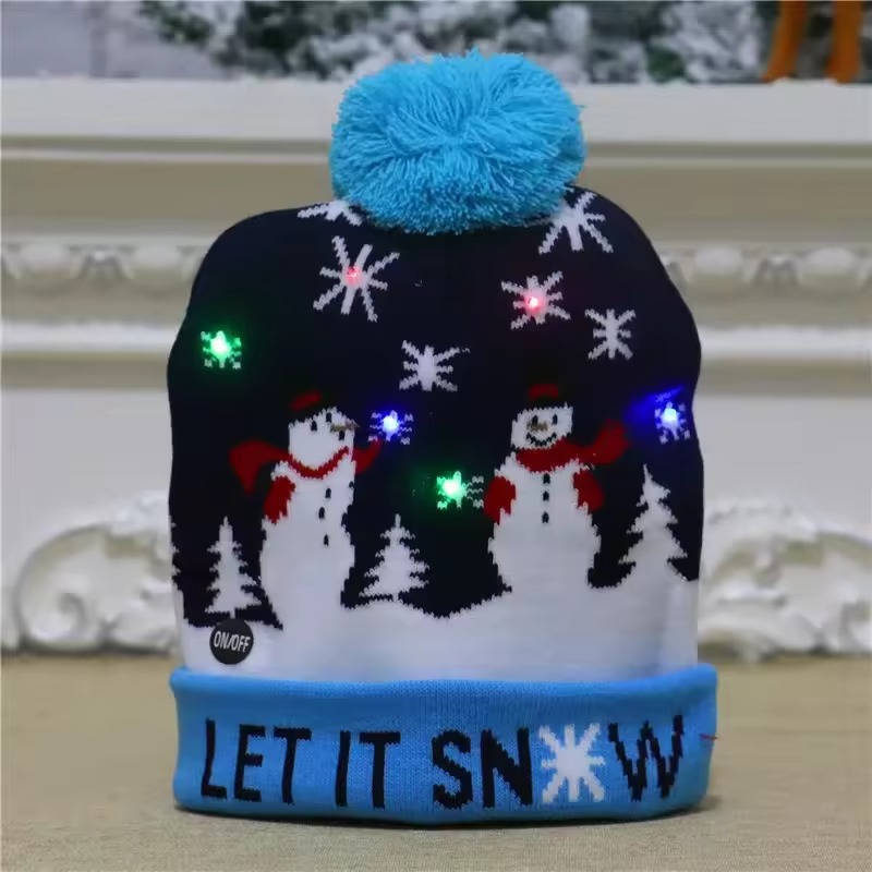 Fun unisex light up Christmas hat, an LED knit beanie holiday accessory with a fluffy pompom.