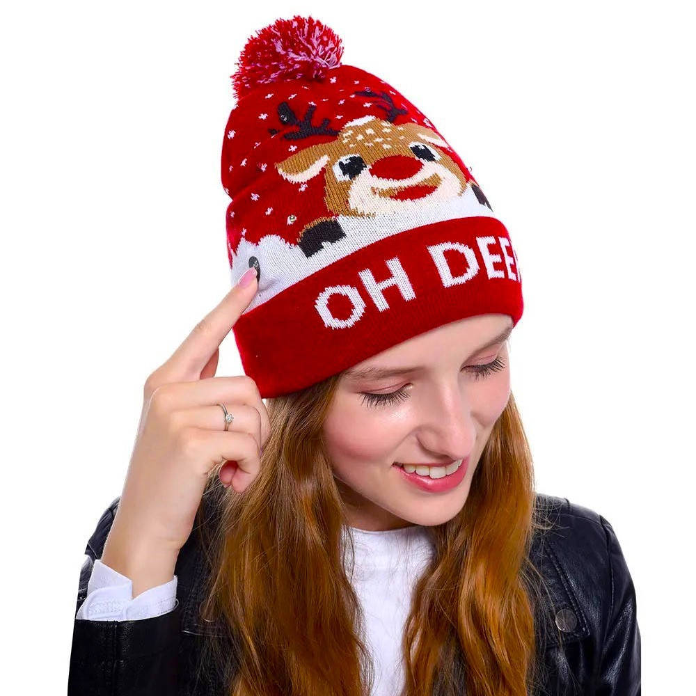 Festive light up knit Christmas beanie with a fluffy pompom, unisex holiday wear accessory.