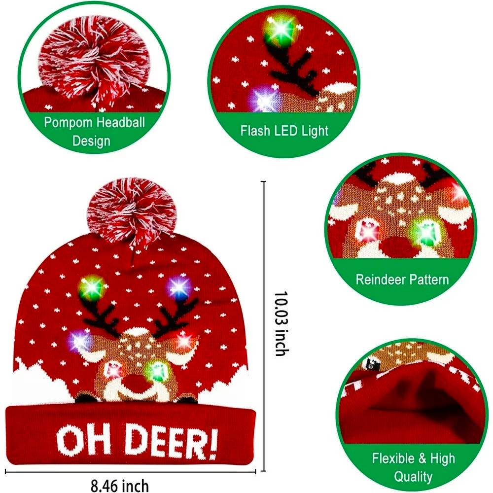 Party-ready unisex light up Christmas hat, LED knit beanie with pompom for holiday celebrations.