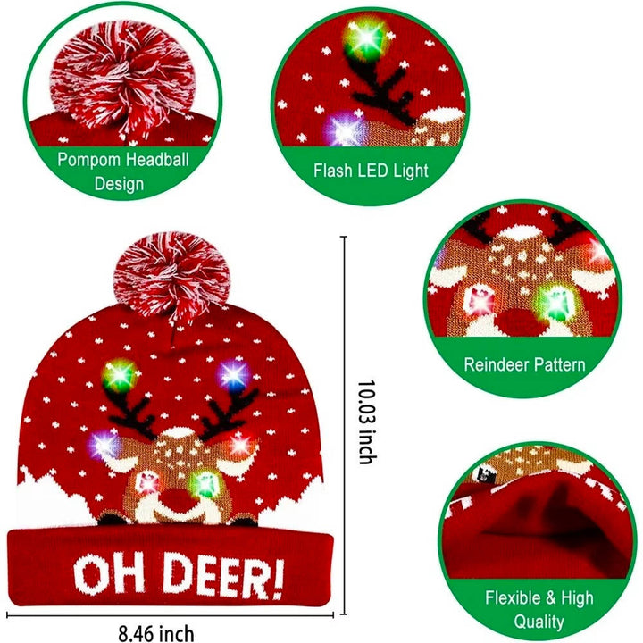 Party-ready unisex light up Christmas hat, LED knit beanie with pompom for holiday celebrations.
